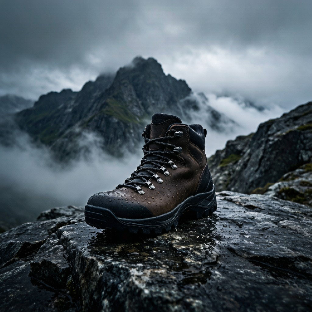 Bergschuh auf nassem Granit