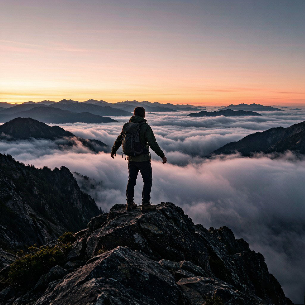 Wanderer auf dem Gipfel bei Sonnenaufgang